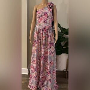Adrianna Papell Printed Jacquard Gown in Pink and Purple